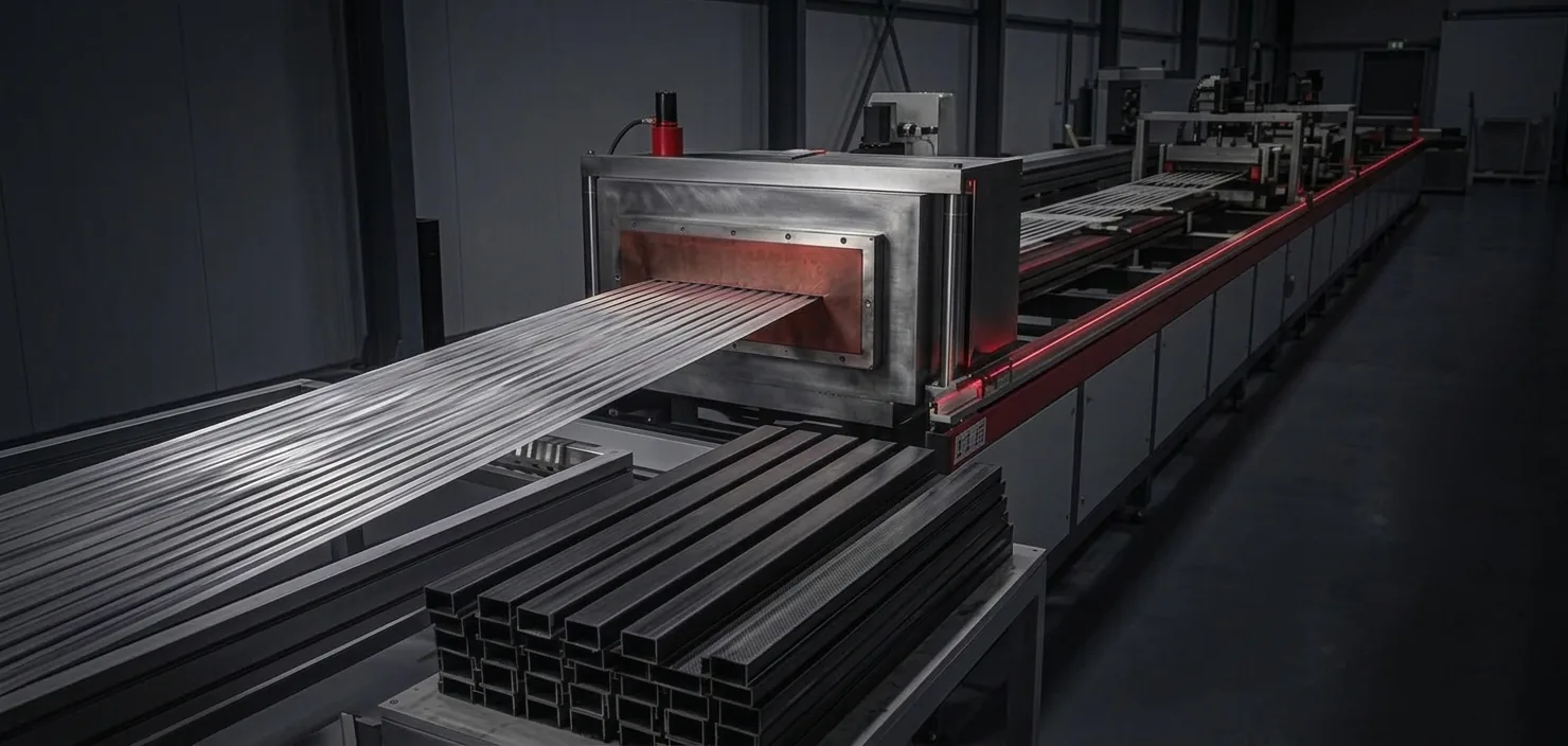 Pultrusionsanlage: kontinuierlich aus dem Werkzeug gezogene GFK-Profile