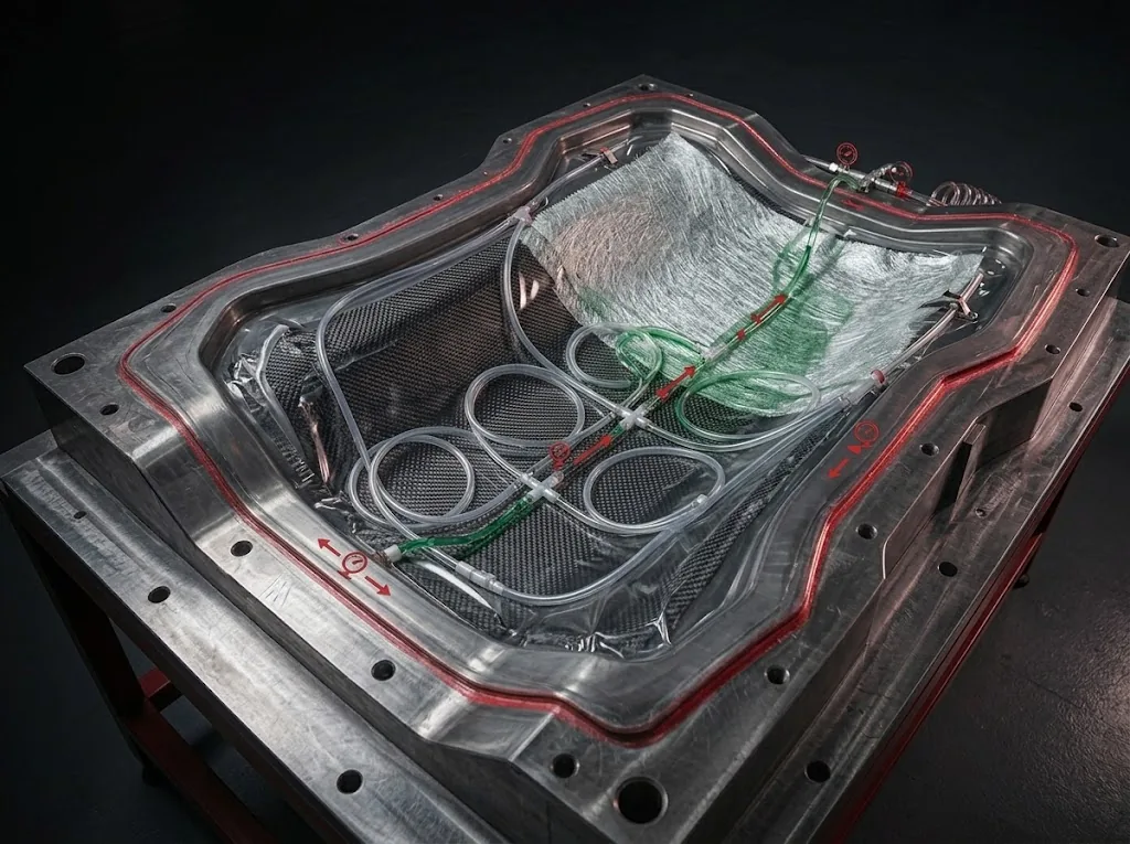 Vacuum infusion: resin distribution lines under the vacuum bag on the mould