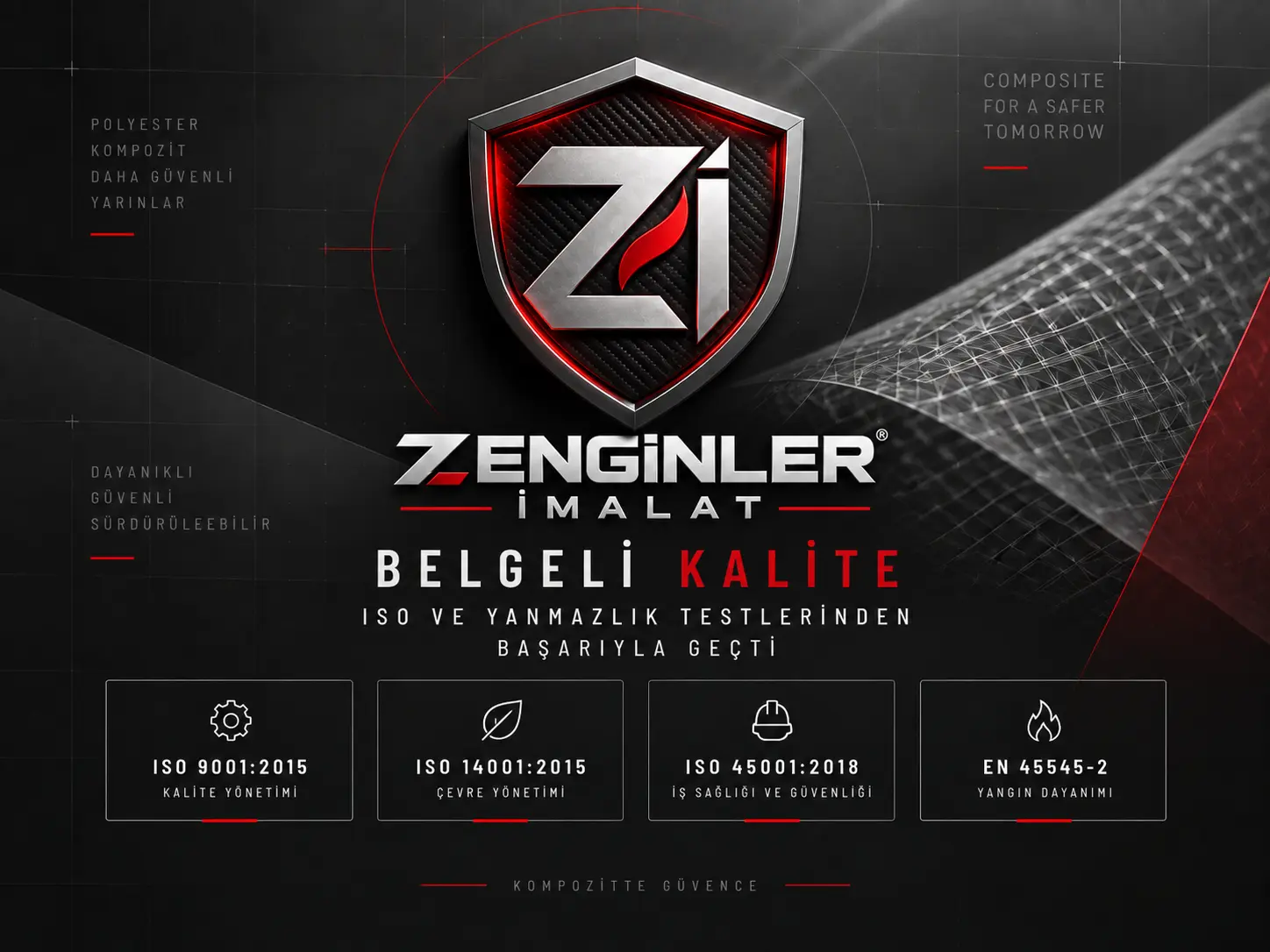 Zenginler İmalat zertifizierte Qualität — ISO 9001:2015 Qualitätsmanagement, ISO 14001:2015 Umweltmanagement, ISO 45001:2018 Arbeitssicherheit und EN 45545-2 Brandschutz-Zertifikate