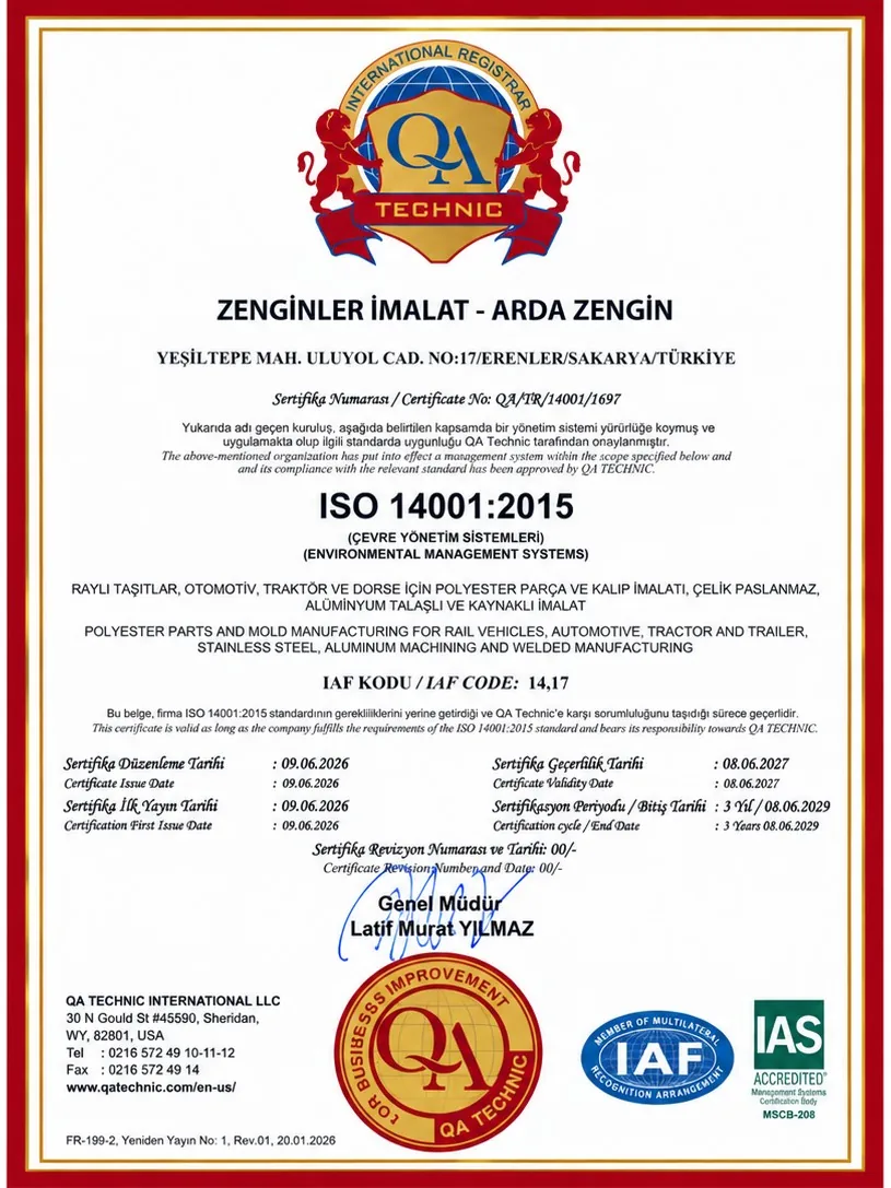 ISO 14001:2015 Zertifikat — Zenginler İmalat