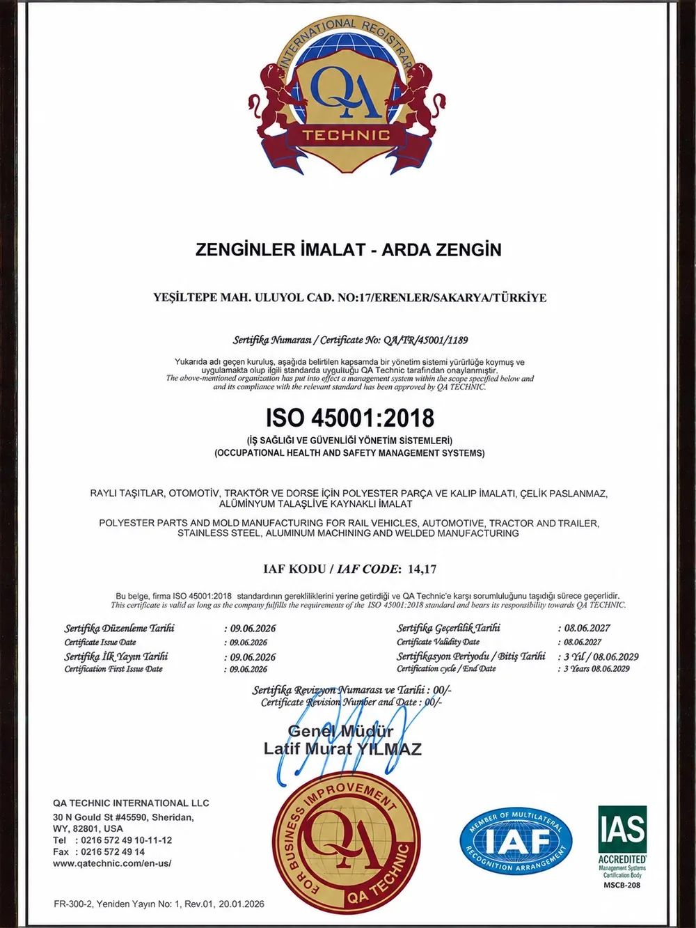ISO 45001:2018 Zertifikat — Zenginler İmalat